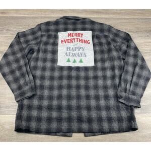 Upcycled Flannel Back Patch Shirt X-Large Unique -Merry Christmas And‎ Happy